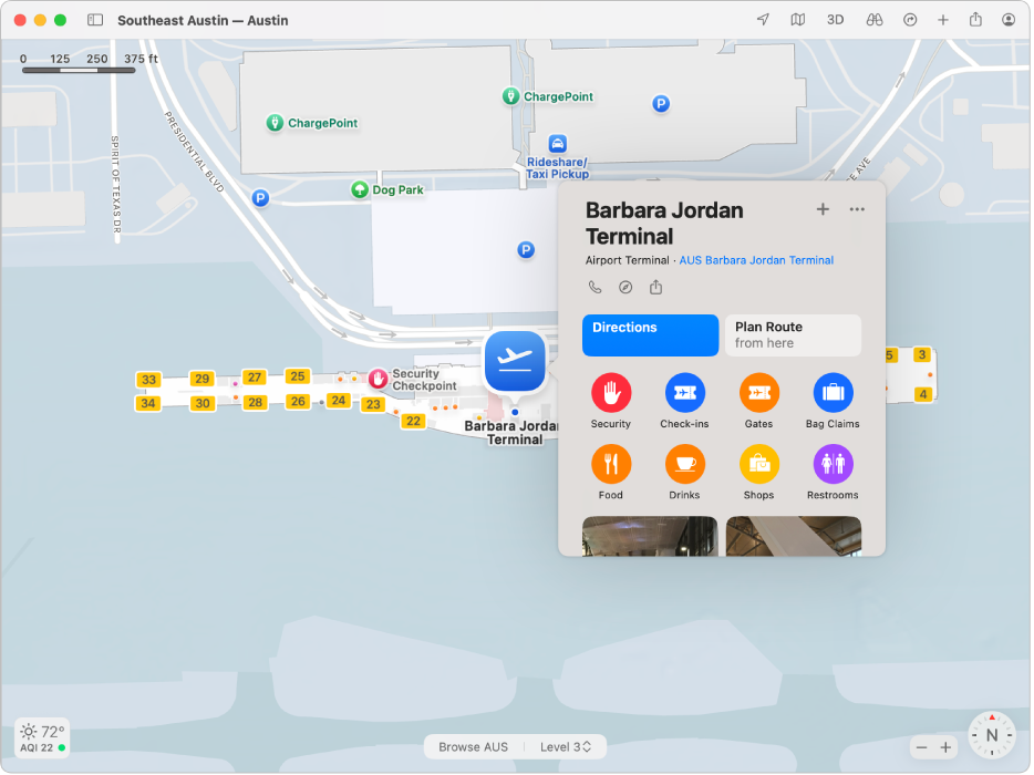 Een kaart met het binnengebied van het vliegveld van Austin.
