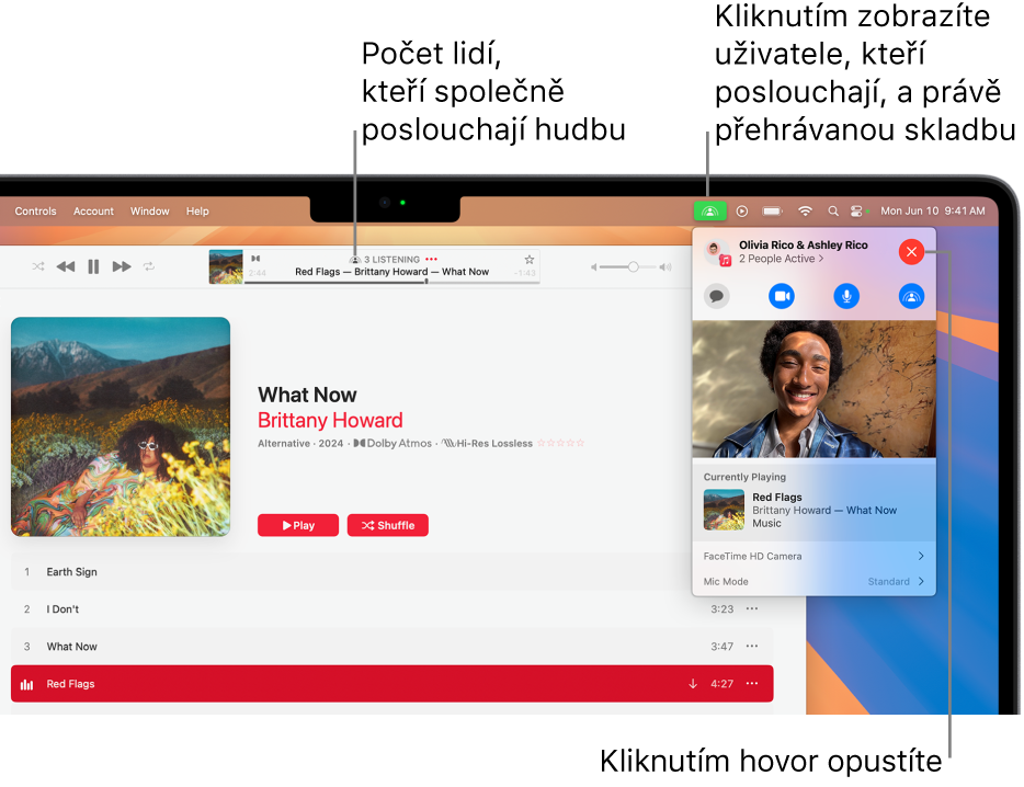 Okno Apple Music, v němž je vidět přehrávaná skladba při použití SharePlay. V okně přehrávání je vidět počet uživatelů, kteří společně poslouchají. Po kliknutí na ikonu SharePlay napravo můžete zobrazit poslouchající účastníky a také aktuálně přehrávanou skladbu. Napravo můžete kliknout na tlačítko Zavřít.