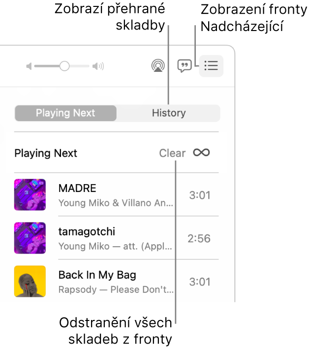 V pravém horním rohu okna Apple Music je vybráno tlačítko Jako další a je zobrazena fronta nadcházejících položek. Kliknutím na odkaz Historie zobrazíte seznam dříve přehraných skladeb Kliknutím na odkaz Clear odstraníte z fronty všechny skladby.