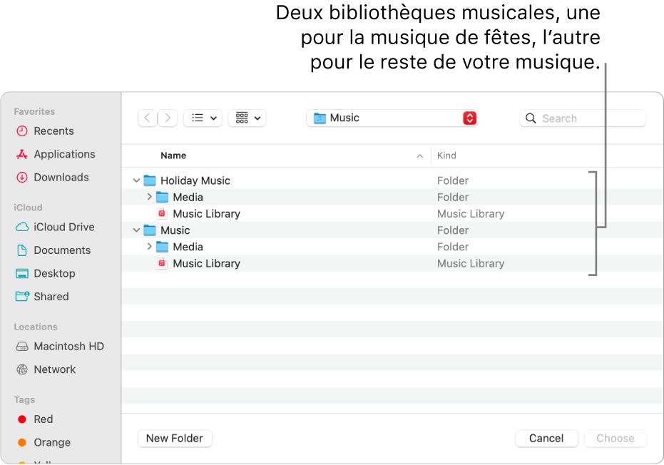 La fenêtre Finder montrant plusieurs bibliothèques : une pour la musique de Noël et l’autre pour le reste de votre musique.