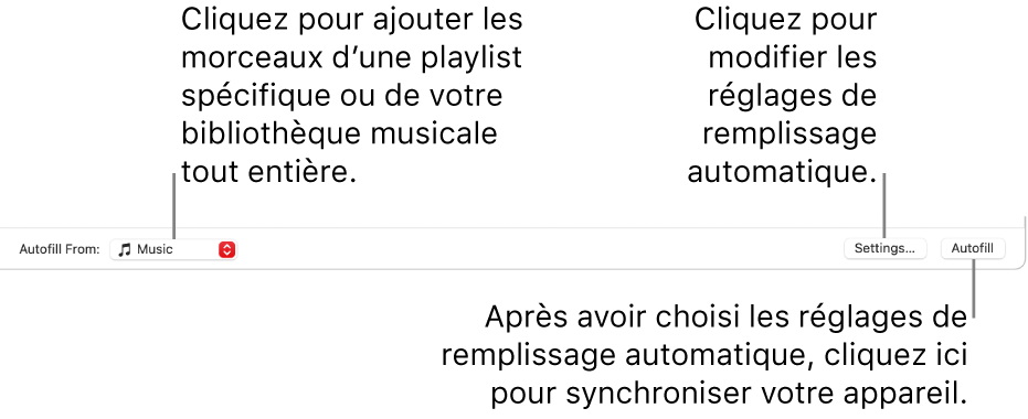 Les options de remplissage automatique sont situées en bas de la fenêtre Musique. À l’extrémité gauche se trouve le menu local Remplir depuis, qui vous permet de choisir d’ajouter des morceaux à partir d’une playlist ou de l’ensemble de votre bibliothèque. À l’extrémité droite se trouvent deux boutons : Réglages, pour modifier les différentes options du remplissage automatique, et Remplissage autom. Lorsque vous cliquez sur Remplissage autom., votre appareil est rempli avec les morceaux qui correspondent aux critères.