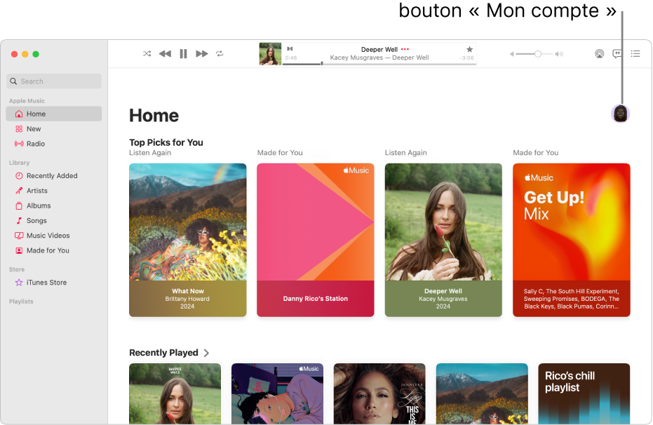 La fenêtre Apple Music montrant l’écran d’accueil. Le bouton « Mon compte » (qui ressemble à une photo ou à un monogramme) se trouve dans le coin supérieur droit de la fenêtre.