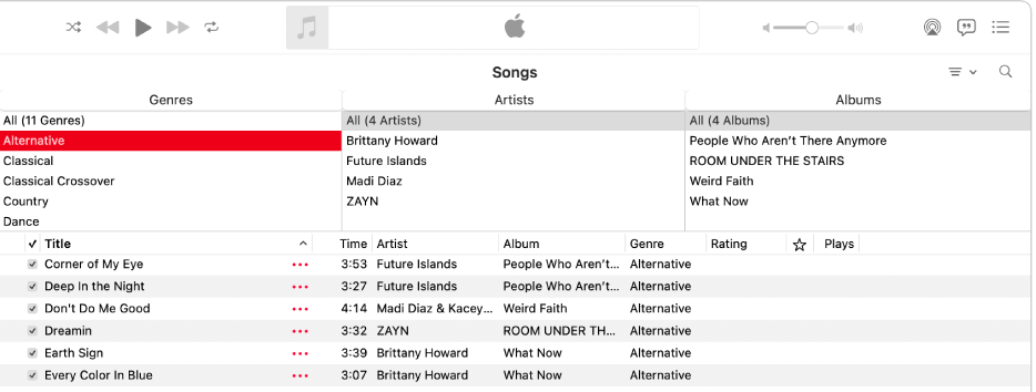 Tetingkap Muzik menunjukkan pelayar lajur di atas senarai lagu.
