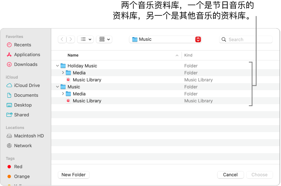 “访达”窗口显示多个资料库:一个是节日音乐的资料库,另一个是其他音乐的资料库。