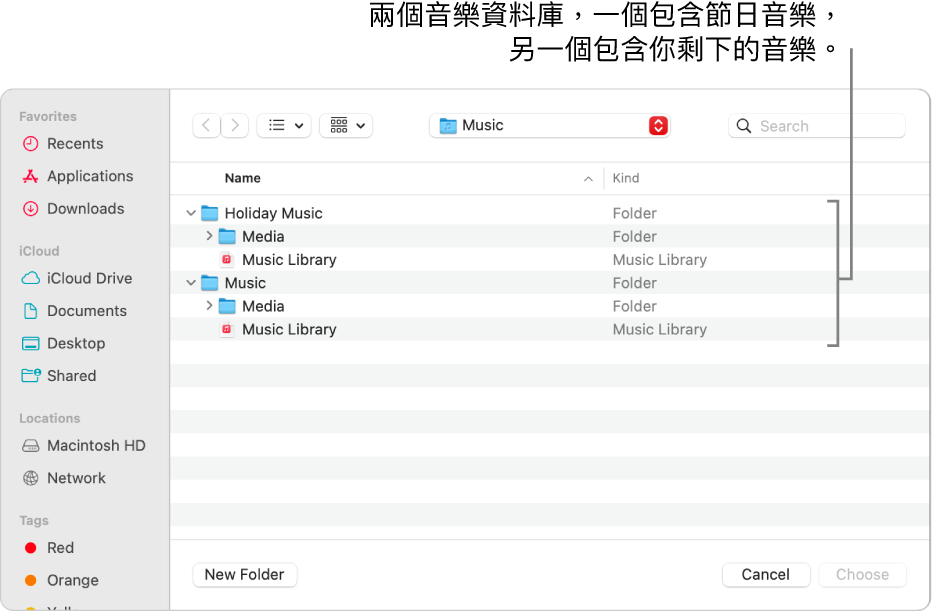 Finder 視窗顯示多個資料庫,一個包含節慶音樂、另一個包含你其餘的音樂。