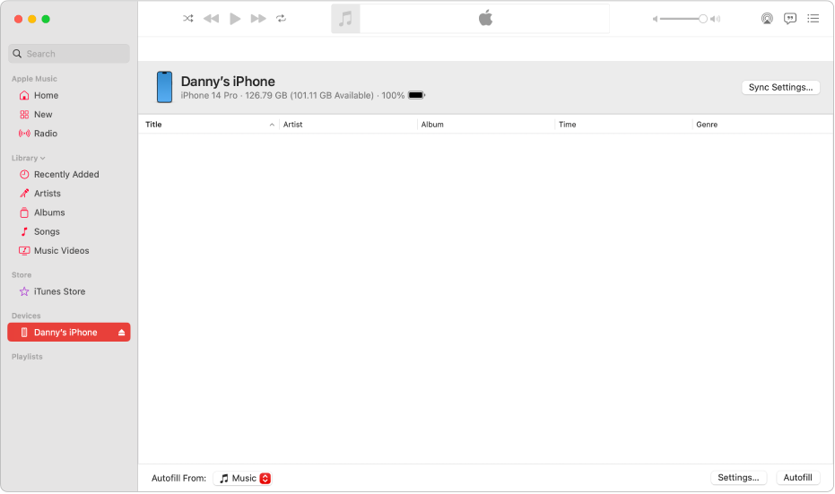 「音樂」視窗的側邊欄中顯示裝置(浩瀚的 iPhone)。右上角的「同步設定」按鈕可打開 Finder。