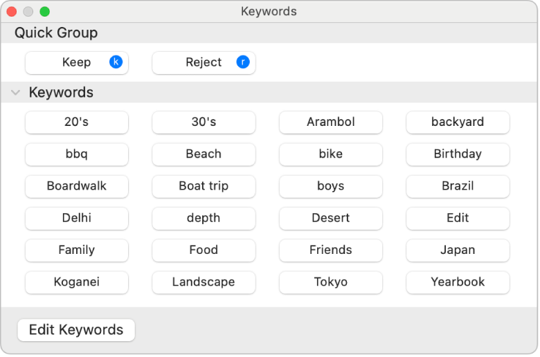 Keywords in the Keyword Manager window, with the Quick Group area at the top and an Edit Keywords button in the lower left.