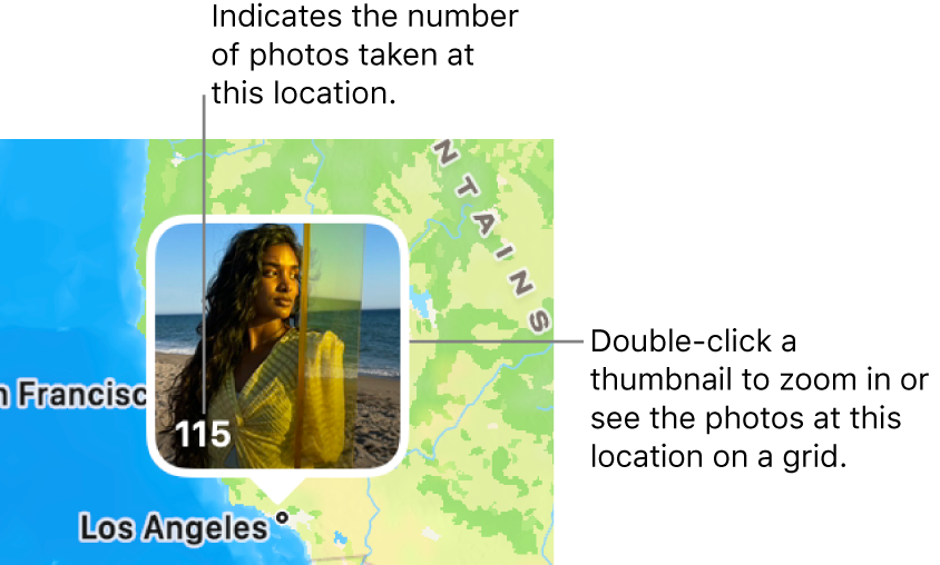 A photo thumbnail on a map, with a number in the lower-left corner indicating the number of photos taken at that location.