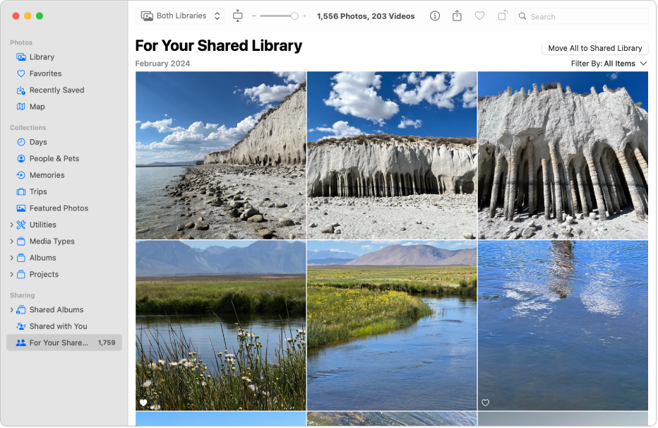 The Photos window showing For Your Shared Library selected in the sidebar and suggested photos to add to the shared library on the right.