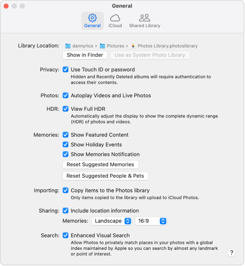 El panel General de la configuración de Fotos.