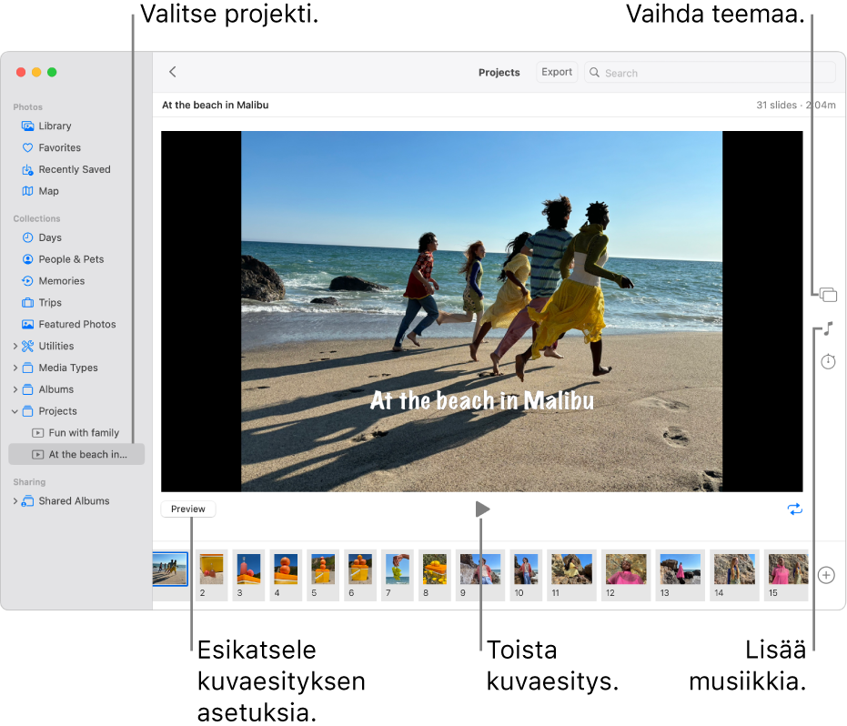 Kuvat-ikkuna, jonka pääalueella näkyy kuvaesitys, kuvaesityksen pääkuvan alla näkyvät Esikatsele-painike, Toista-painike ja Jatkuva toisto -painike, ikkunan alareunalla näkyvät kuvaesityksen kaikkien kuvien miniatyyrit ja oikeassa reunassa näkyvät Teema-painike, Musiikki-painike ja Kesto-painike.