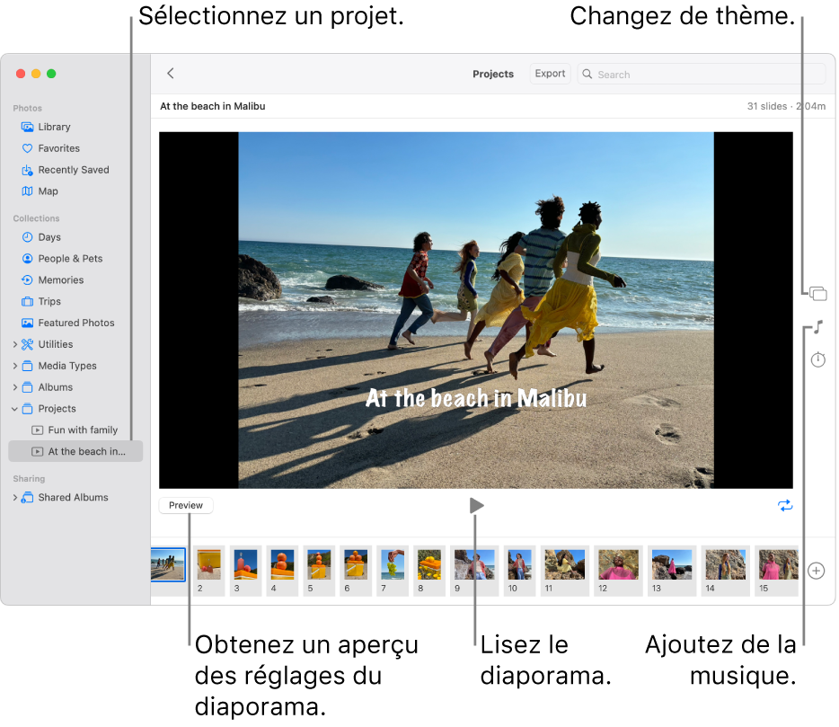 La fenêtre Photos présentant un diaporama dans la partie principale de la fenêtre, avec les boutons Aperçu, Lecture et le bouton Boucle sous l’image principale du diaporama ; vignettes de toutes les images du diaporama en bas de la fenêtre et, sur la droite, les boutons Thème, Musique et Durée.