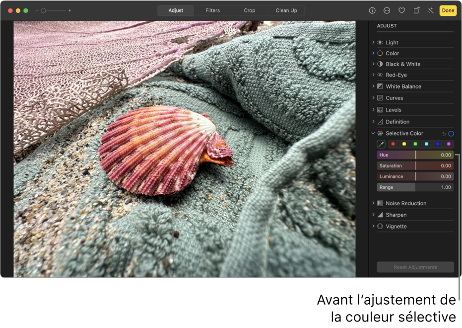 Une photo avant l’ajustement « Couleur sélective », montrant un visage et un arrière-plan légèrement délavés.