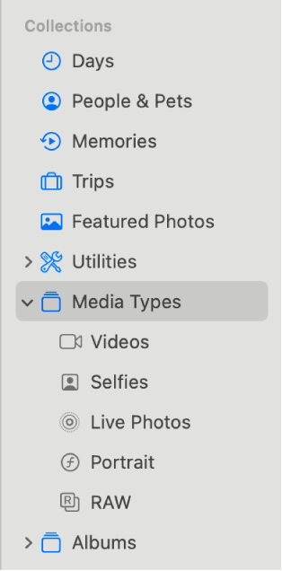 La barre latérale de Photos affichant les différentes collections dans « Types de média ».