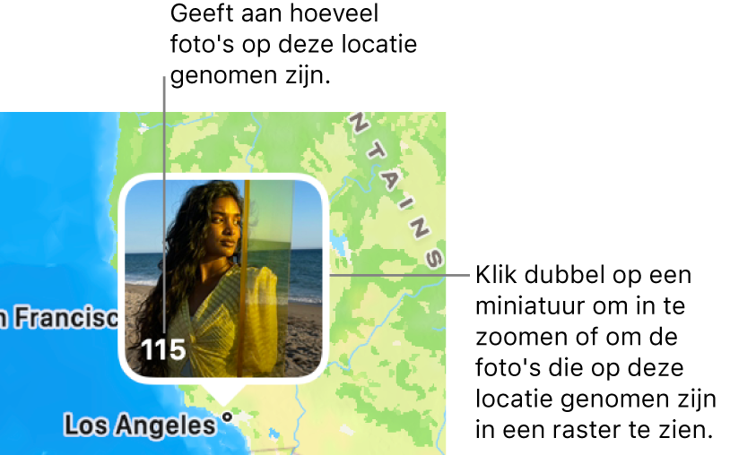 Een fotominiatuur op een kaart, met linksonderin een getal dat aangeeft hoeveel foto's er op die locatie zijn gemaakt.