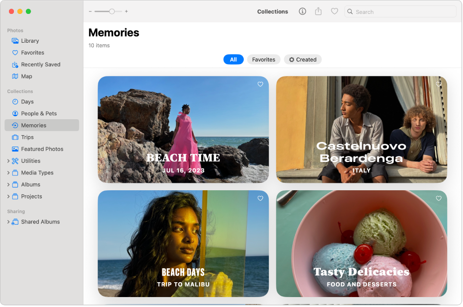 Окно приложения «Фото». В боковом меню выбран альбом «Воспоминания», справа отображаются содержащиеся в нем воспоминания.