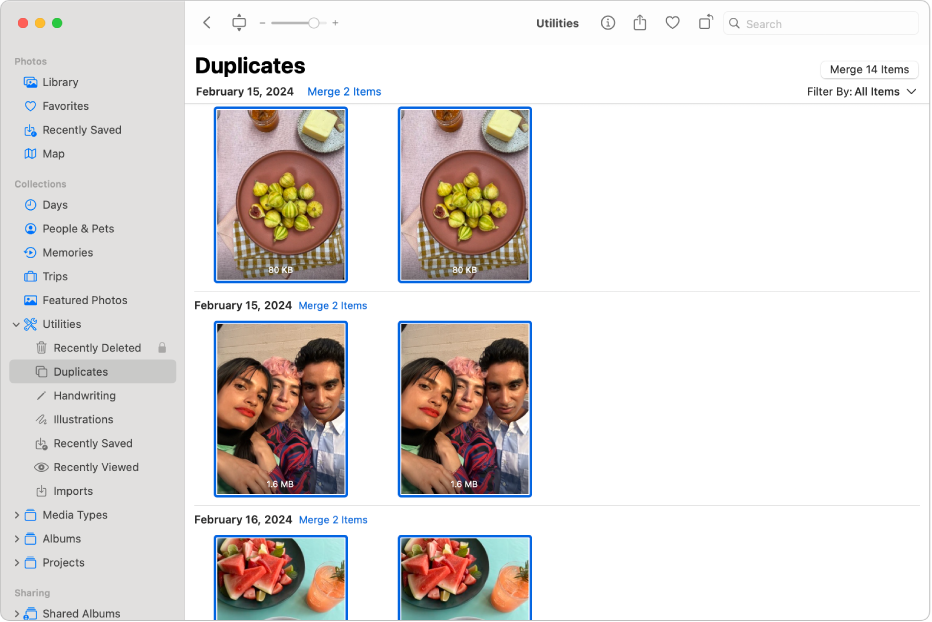 Bilder-fönstret med Dubbletter markerat i sidofältet. Till höger visas dubblettbilder bredvid varandra.