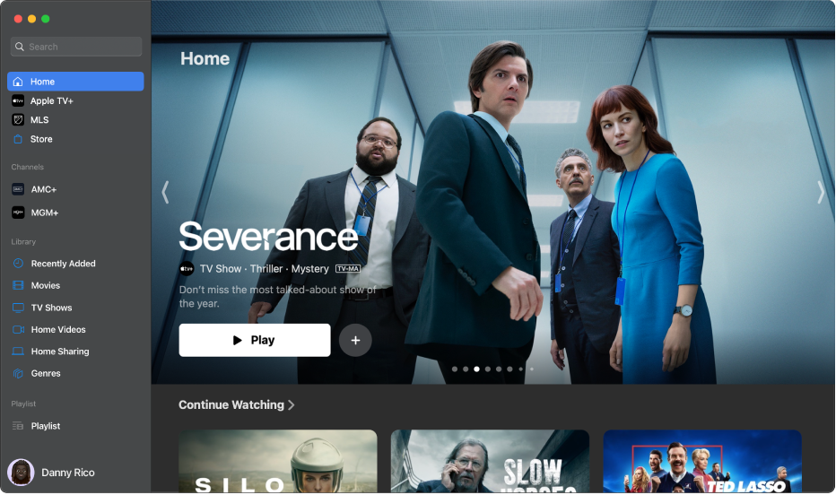 Das Fenster der Apple TV App zeigt die Startseite.