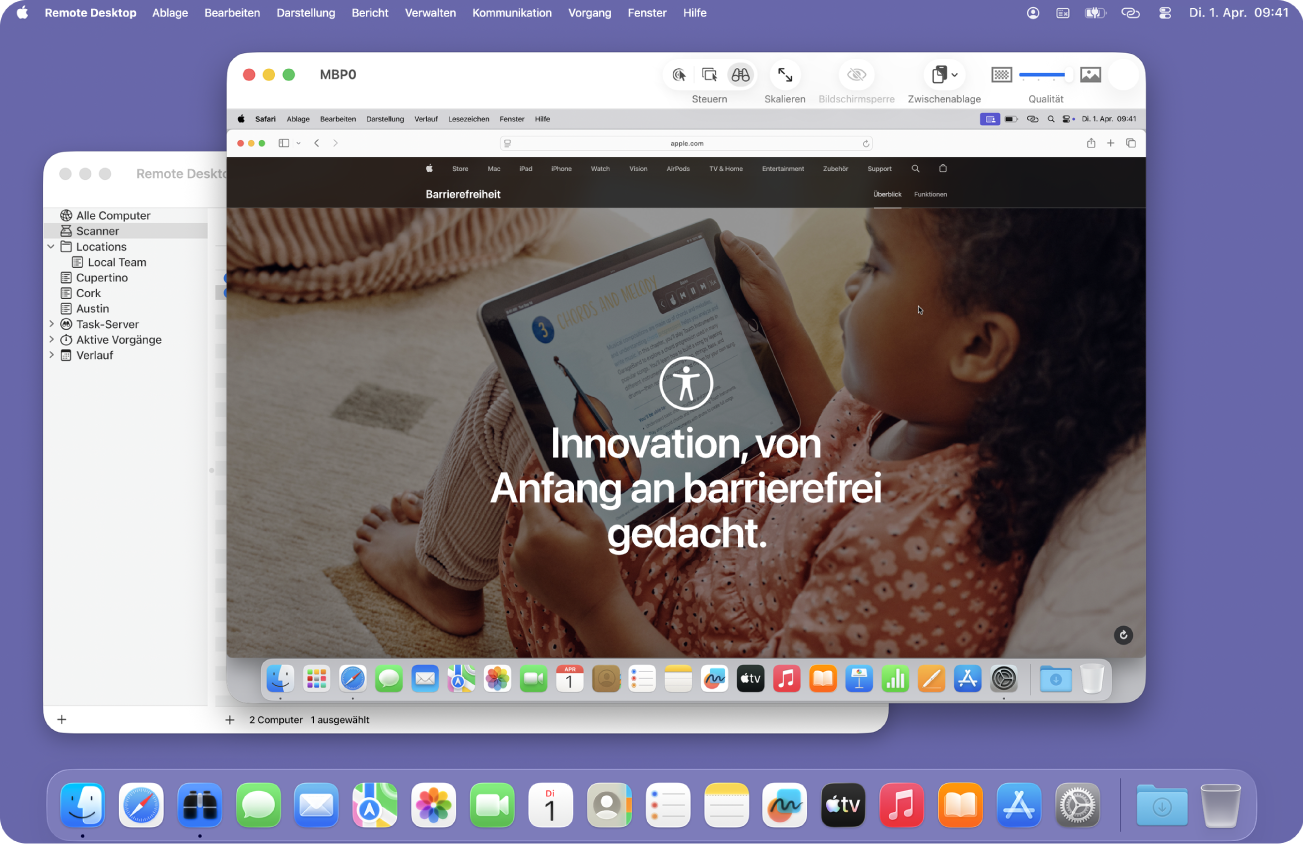 Du kannst mehrere Bildschirme anzeigen und jeweils einen Bildschirm steuern.