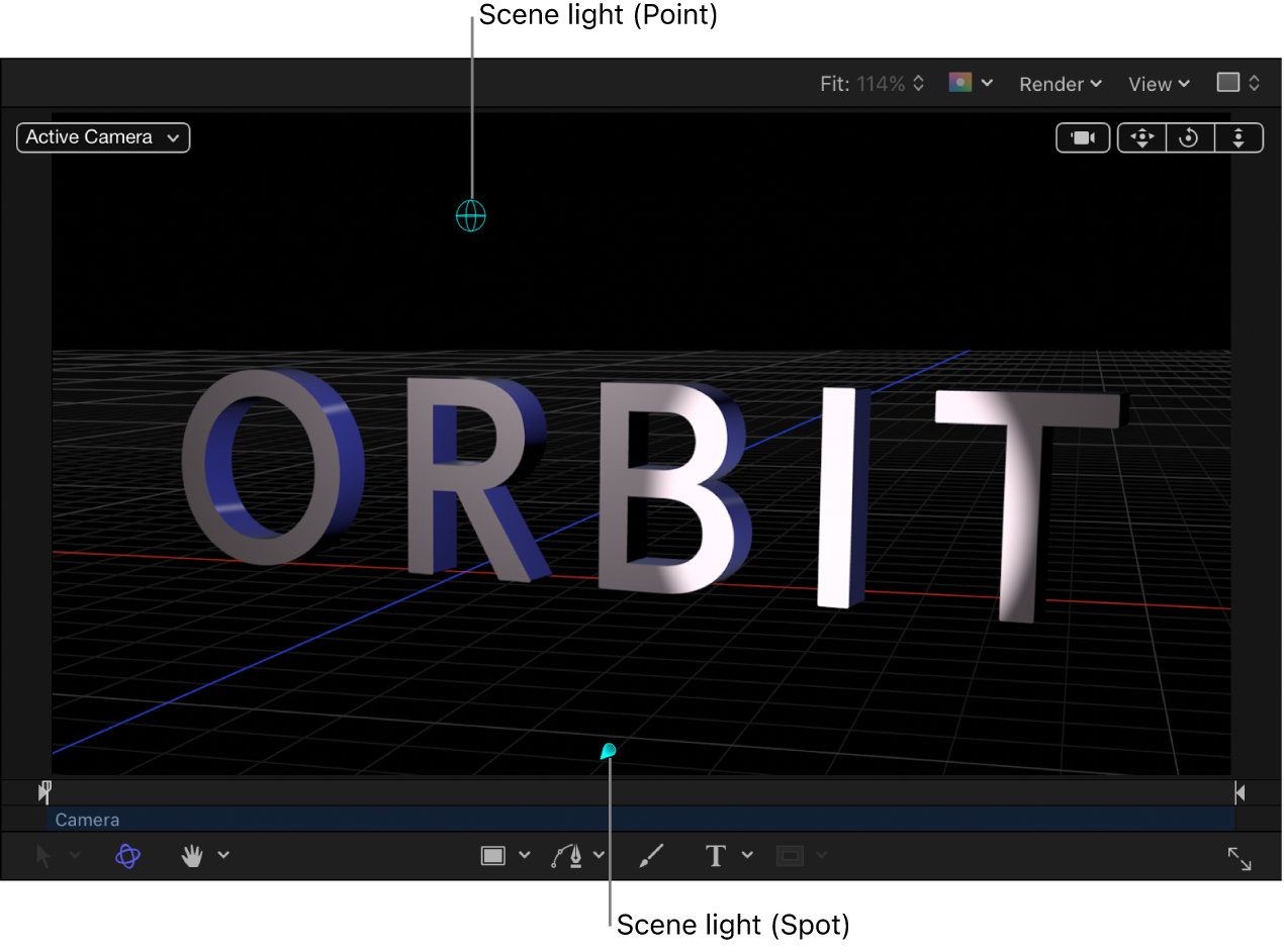 Lienzo que muestra un objeto de texto 3D con una luz de escena
