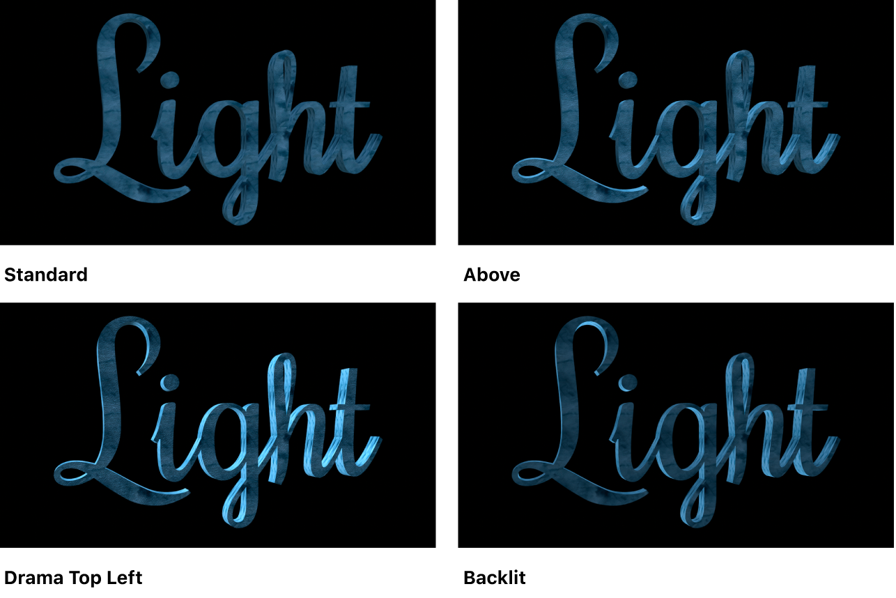 Lienzo con objeto de texto 3D con “Estilo de iluminación” ajustado en Estándar, Arriba, “Dramática arriba izquierda” y Retroiluminación