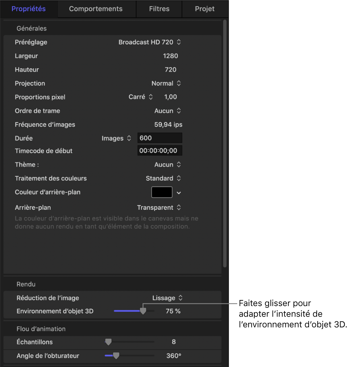 Ajustement du paramètre Environnement de l’objet 3D dans l’inspecteur des propriétés du projet pour un objet 3D