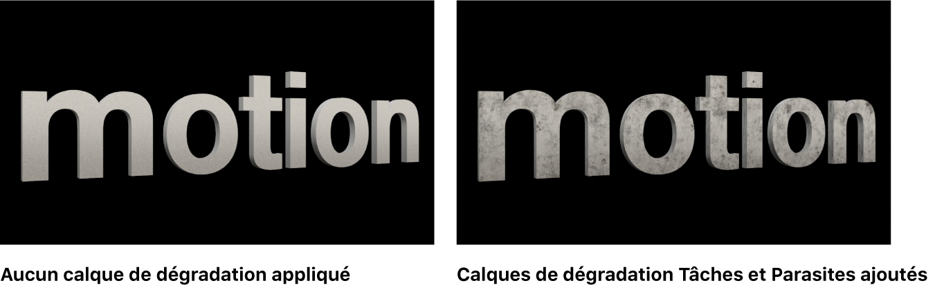 Texte 3D dans le canevas sans aucun calque de déprédation appliqué et avec les calques de déprédation Taches et Poussière appliqués
