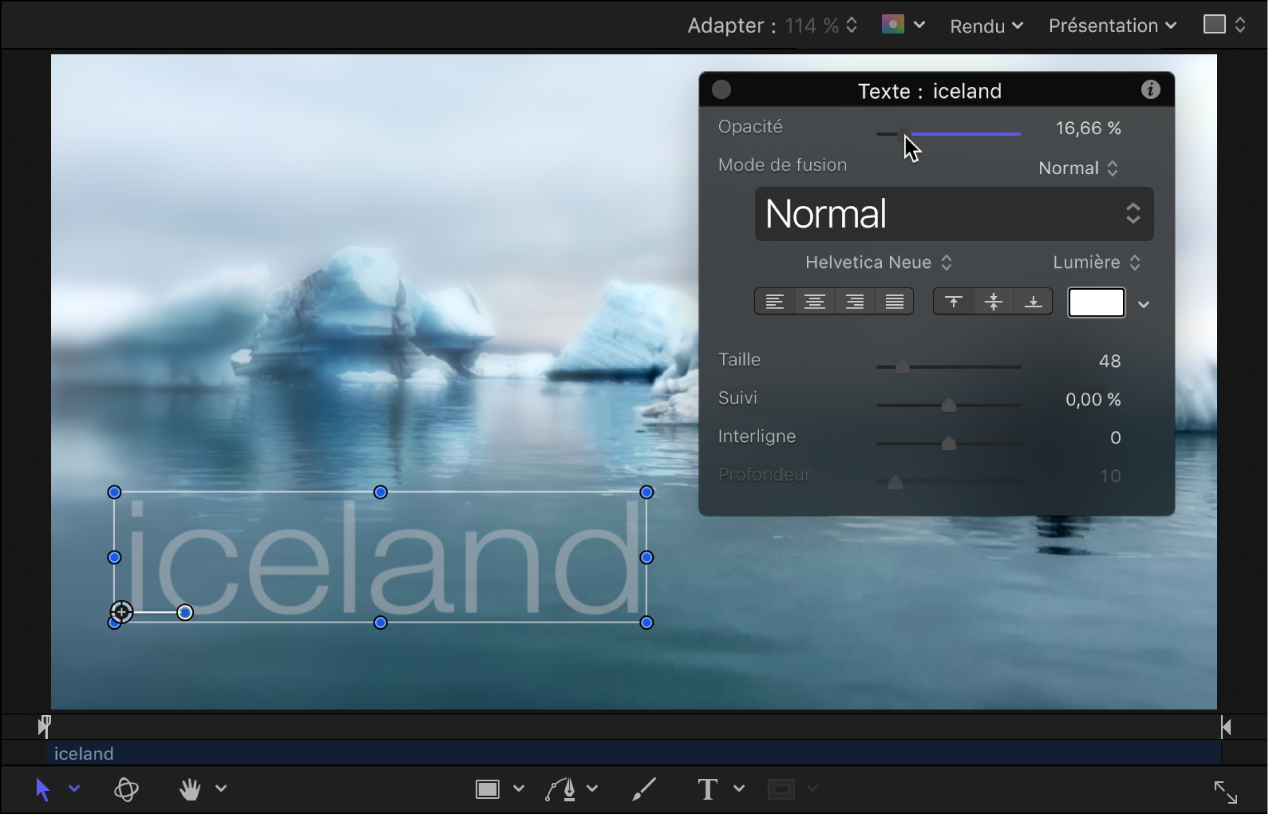 Canevas et palette affichant une opacité d’objet texte de 56 %