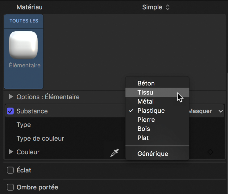 Inspecteur de texte 3D affichant le menu local Substance