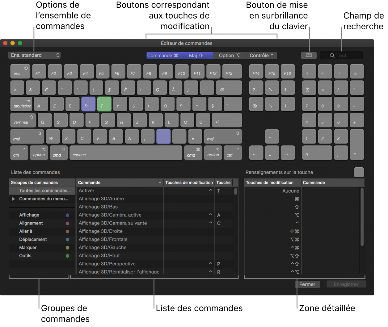 Éditeur de commandes affichant les options d’ensemble de commandes, les boutons de touche de modification, le bouton de mise en surbrillance du clavier, le champ de recherche, les groupes de commandes, la liste des commandes et la zone « Renseignements sur la touche »