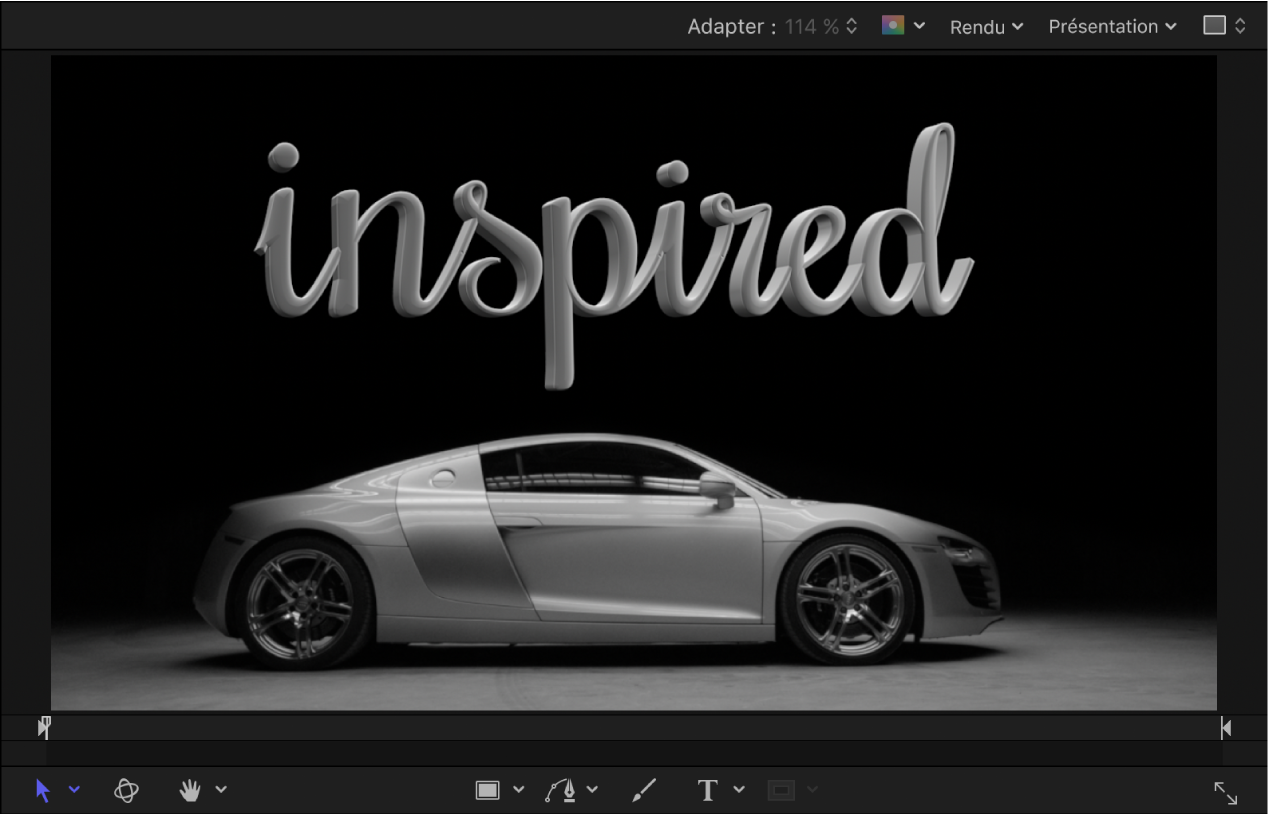 Canevas affichant un texte 3D éclairé par le dessus s’intégrant avec l’image d’une voiture en arrière-plan elle aussi éclairée par le dessus