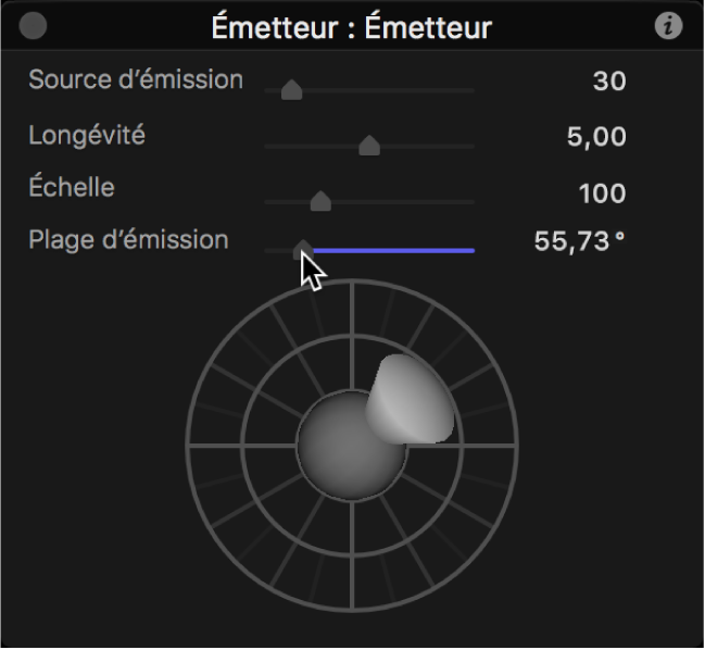 Palette affichant la commande d’émission 3D avec une plage d’émission réduite