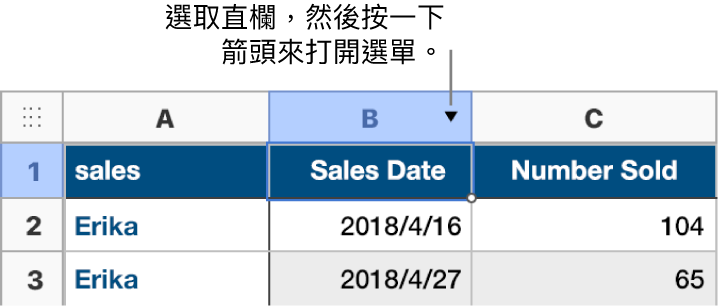 已選取第二個直欄的表格,直欄字母 B 的右邊會顯示一個箭頭。