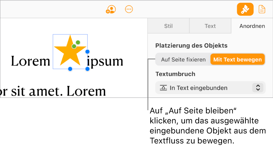 Ein eingebundenes Bild im Textkörper des Dokuments ist ausgewählt und eine Taste „Auf Seite bleiben“ wird im Tab „Anordnen“ in der Seitenleiste angezeigt.