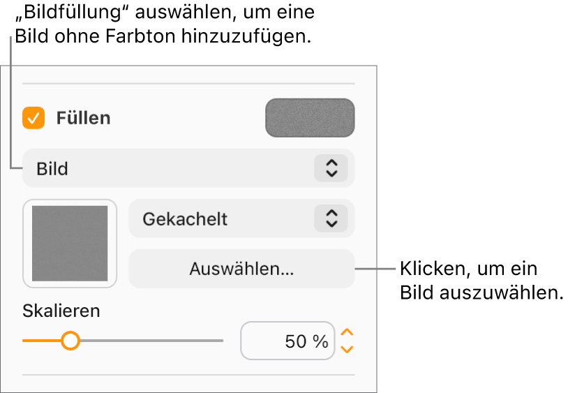Das Markierungsfeld „Füllen“ ist aktiviert und „Bild“ ist im Einblendmenü unterhalb des Markierungsfelds ausgewählt. Steuerelemente zur Auswahl des Bildes, dazu, wie das Objekt gefüllt wird, sowie zum Skalieren des Bildes erscheinen unterhalb des Einblendmenüs. Eine Vorschau der Bildfüllung ist in dem Quadrat zu sehen (nachdem ein Bild ausgewählt wurde).