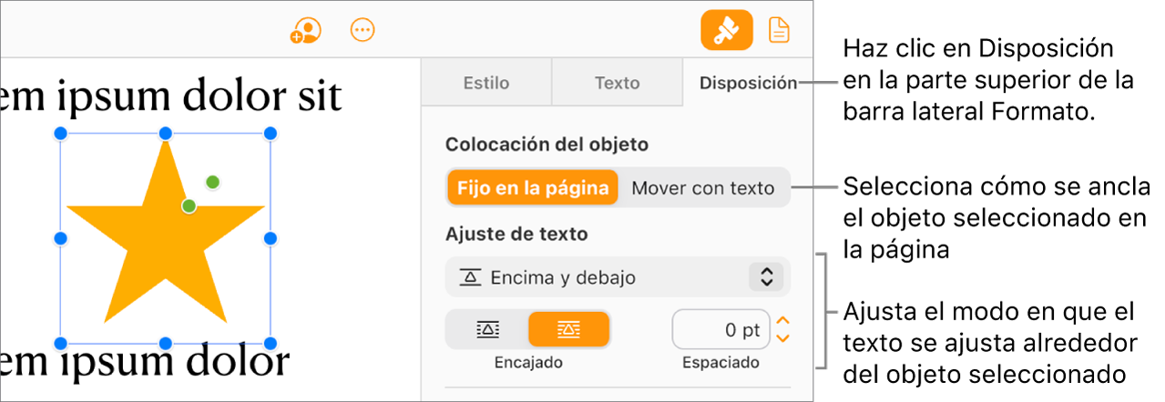 Una imagen seleccionada en el cuerpo del documento; la pestaña Disposición de la barra lateral Formato muestra que el objeto está establecido en “Fijo en la pág.”, con el texto ajustándose al objeto por encima y por debajo.