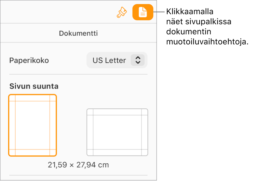 Työkalupalkin Dokumentti-painike on valittuna ja toiminnot paperin koon ja suunnan muokkaamiseksi näytetään sivupalkin Dokumentti-välilehdessä.