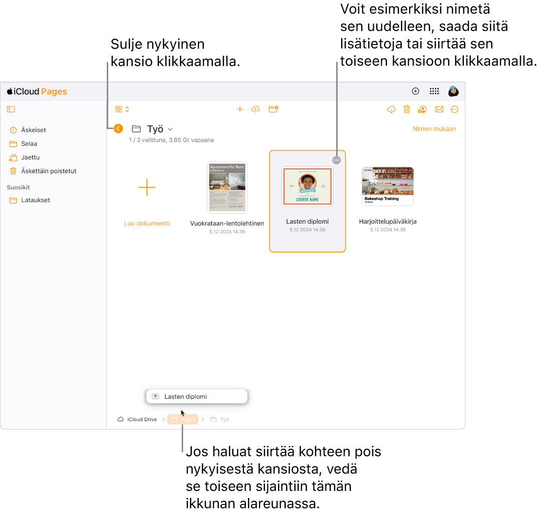 Dokumenttinäkymä on selausnäkymässä, ja dokumenttia vedetään uuteen sijaintiin (Pages-kansioon) ikkunan alareunassa. Työkalupalkin alapuolella nykyisen kansion nimen (iWork) vasemmalla puolella näkyy Takaisin-painike.