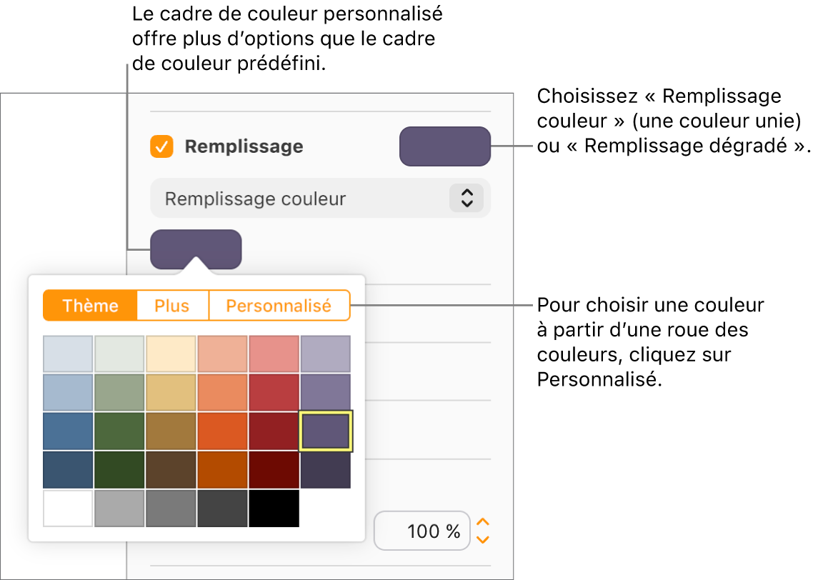 Remplissage couleur est sélectionné dans le menu Remplissage et le cadre de couleur affiché en dessous propose des couleurs de remplissage supplémentaires.