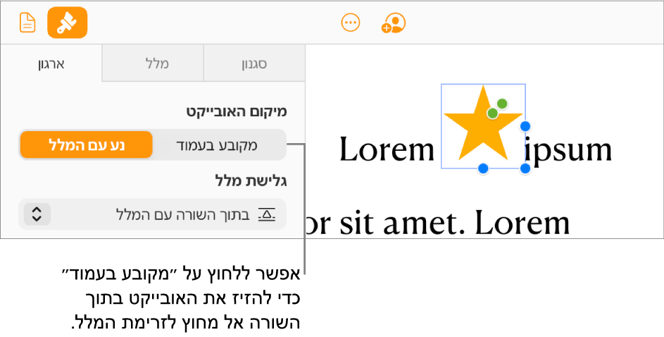 תמונה בשורה נבחרת בתוך גוף המסמך, וכפתור ״מקובע לעמוד״ מוצג בלשונית ״ארגון״ בסרגל הצד.
