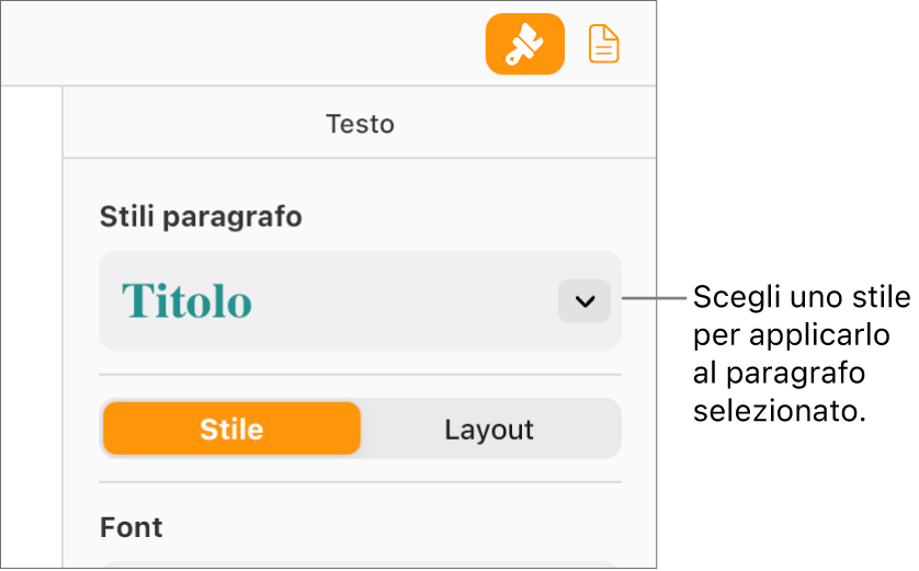 Il menu a discesa “Stili paragrafo” nella barra laterale Formato. È selezionato lo stile paragrafo Intestazione (font grassetto rosso).
