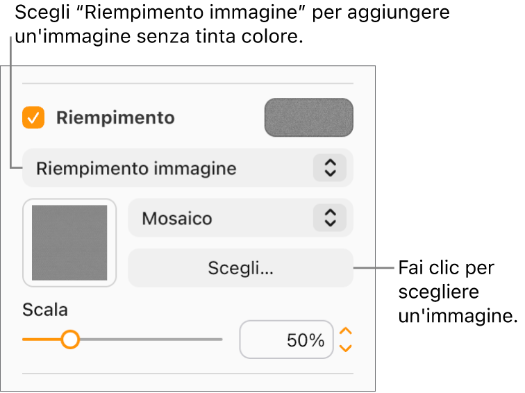 Il riquadro Riempimento è selezionato nella barra laterale, e Riempimento immagine è selezionato nel menu a comparsa sotto il riquadro. I controlli per scegliere l’immagine, la sua scala e come riempire l’oggetto vengono visualizzati nel menu a comparsa. Un’anteprima del riempimento dell’immagine viene visualizzata nel quadrato (dopo aver selezionato un’immagine).