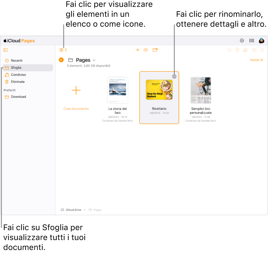 Il gestore documenti nella vista Sfoglia. Il pulsante Altro (tre punti) è visibile nell’angolo inferiore destro del documento selezionato. Sopra i documenti, nel lato sinistro della barra strumenti è presente un menu a comparsa in cui si può scegliere di visualizzare gli elementi come icone o in un elenco; al centro della barra strumenti, ci sono i pulsanti per la creazione o il caricamento di un documento o per creare una nuova cartella. Sul lato sinistro della barra strumenti sono presenti i pulsanti per effettuare il download, collaborare, inviare email o eliminare i documenti.