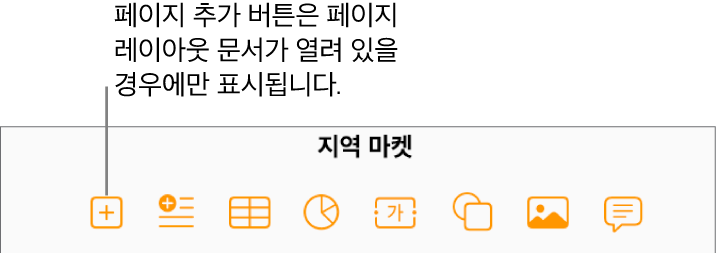 삽입 버튼의 왼쪽에 페이지 추가 버튼이 있는, 페이지 레이아웃 문서의 도구 막대 중앙 부분.