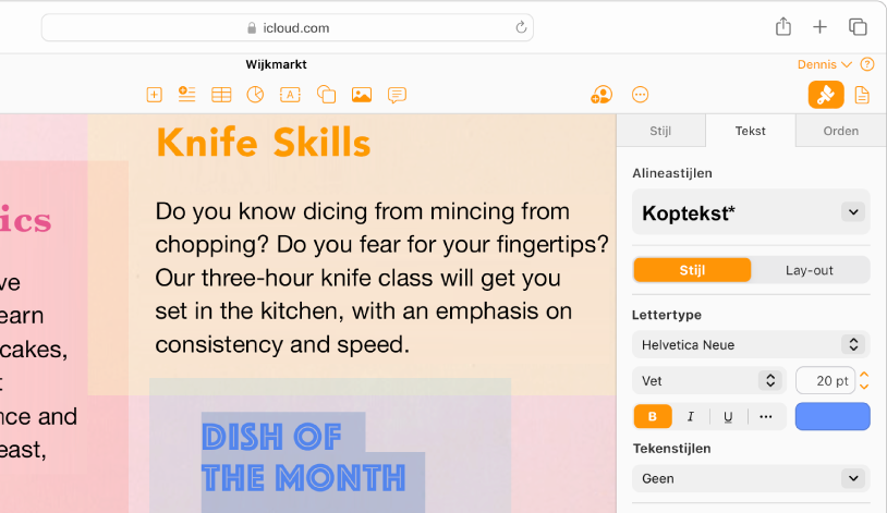 Een document waarin wat tekst is geselecteerd. Opties om onder andere het lettertype, de kleur en de grootte van de geselecteerde tekst te wijzigen worden weergegeven in de navigatiekolom 'Opmaak' aan de rechterkant.
