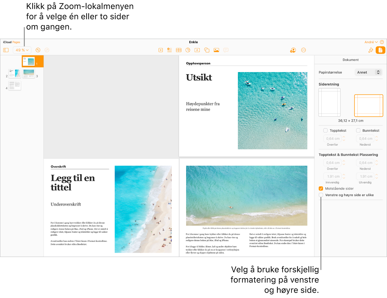 Pages for iCloud-vinduet med miniatyrbilder av sidene og dokumentsider vist som dobbeltsider. I Dokument-sidepanelet til høyre er det ikke krysset av i «Venstre og høyre side er ulike»-ruten.