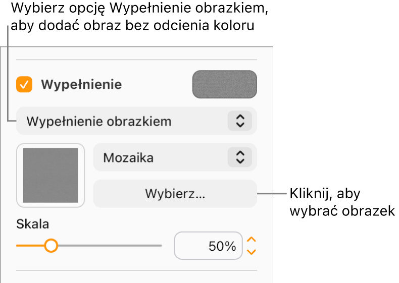 Na pasku bocznym zaznaczone jest pole wyboru Wypełnienie, a z menu podręcznego poniżej pola tekstowego wybrana jest opcja Wypełnienie obrazkiem. Pod menu podręcznym są wyświetlane opcje umożliwiające wybranie obrazka, sposobu wypełniania obiektu oraz skali obrazka. Podgląd obrazka pojawia się w kwadracie (po wybraniu obrazka).