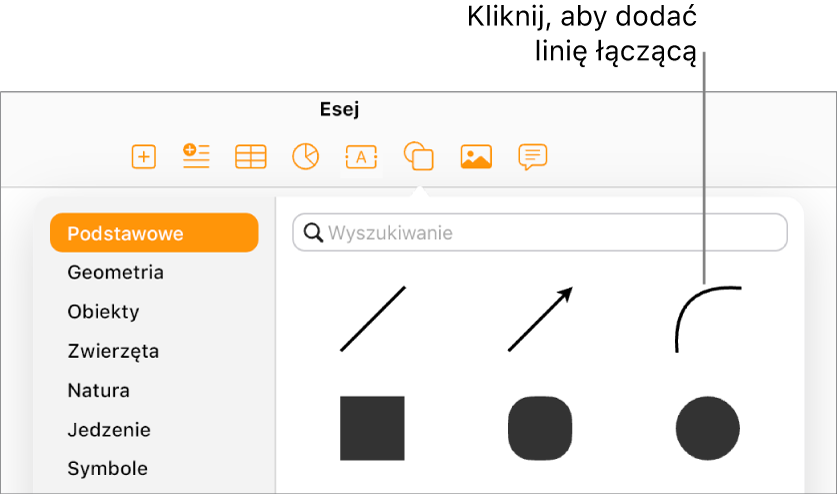 Otwarta biblioteka kształtów z wybraną kategorią Podstawowe z lewej strony i różnymi liniami oraz kształtami (w tym linią krzywą) widocznymi z prawej strony.