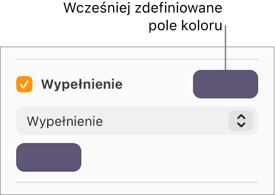 Pole wyboru Wypełnienie jest zaznaczone, a wstępnie ustawione pole koloru z prawej strony pola wyboru jest wypełnione kolorem purpurowym. W menu podręcznym pod polem wyboru wybrana jest opcja Wypełnienie kolorem.