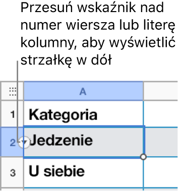 Numer wiersza jest zaznaczony w tabeli, a po jego prawej stronie widoczna jest strzałka w dół.